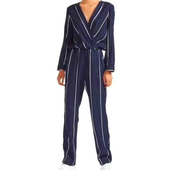 NWT MAJE PANTI Jumpsuit Navy w Silver Metallic Pinstripes LS SZ 4 MSRP $379